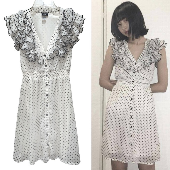 H&M Dresses & Skirts - H&M White Polka Dot V-Neck Ruffle Button Down Summer Dress Sz S Angel Mesh Twee